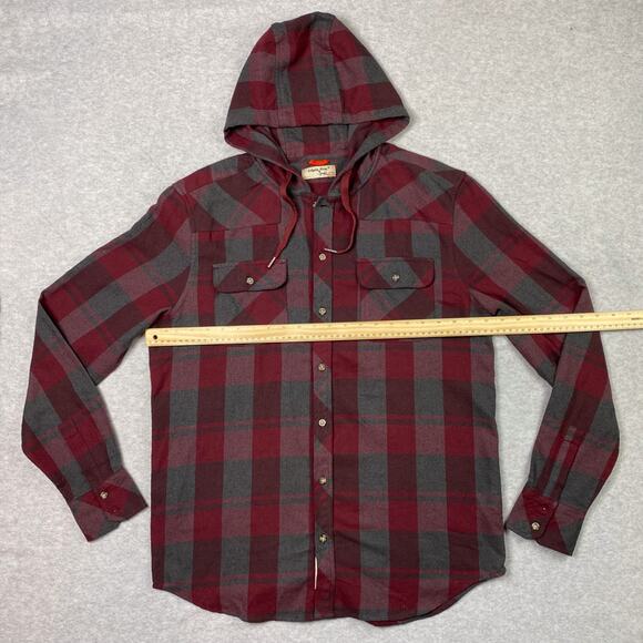 Triple Five Soul Mens L Hooded Shirt Long Sleeve Button Up Red Grey Plaid - Picture 3 of 9